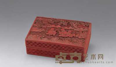 清 剔红松下人物长方盒 14.5×9.8cm